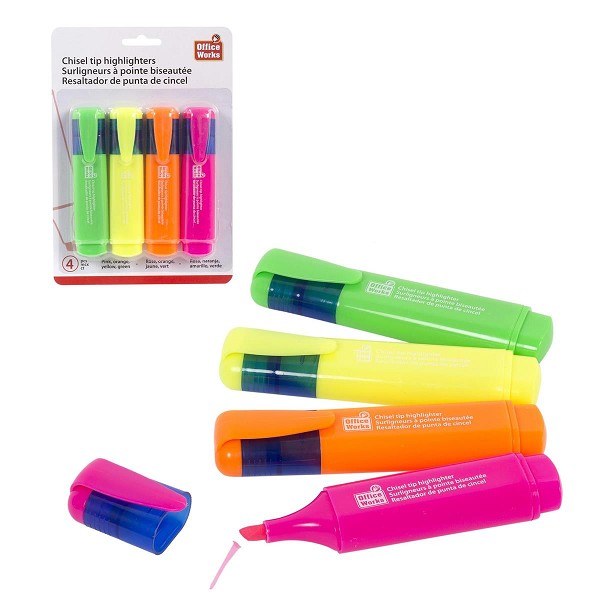 Highlighters Chizel Tip Yellow,Green, Pink, Orange,4PC (12) (20520)