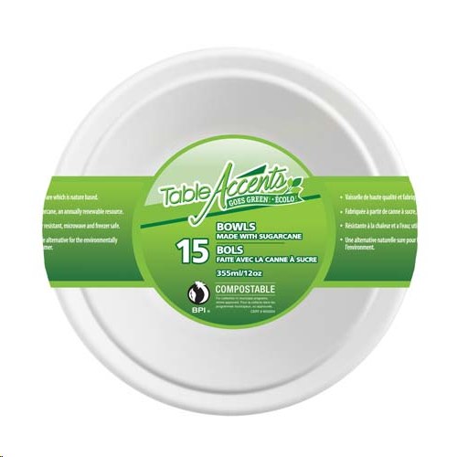 Table Accent Retail Compostable 12 oz Bowl - 15/PKG - (24)(90702)