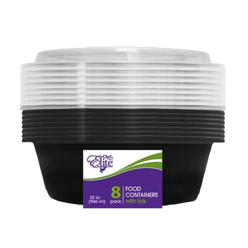 Chef Elite Round Plastic Container w/Lid 32oz - 8/pk -(18)(91017) (91669)