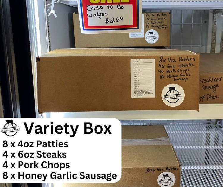 MacPhee Meats Variety Box - 12 x 4oz Patties, 6 x 6oz Steaks, 8 x Sausages