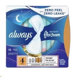 Always Infinity Size 4 Overnight With Flexi-Wings Unscented Pads 13ct (6) (15951)(83095)