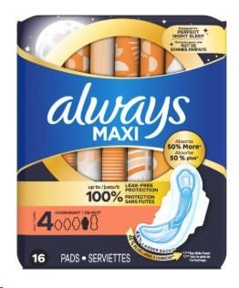 Always Maxi Size 4 Overnight With Flexi-Wings Pads 16ct(12)(03399)