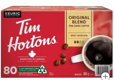 Tim Hortons Coffee, K-Cup Pods, Original, Medium - 80/BOX (11511)