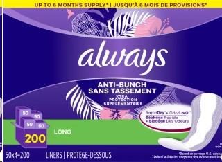 Always Anti-Bunch Xtra Protection Daily Liners Long, 200 Count- 4*50/pkg(17554)