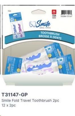 Gravity Pack - Smile Foldable Travel Toothbrush - 2pc - 12/BOX - SOLD BY BOX - (1) (31147)