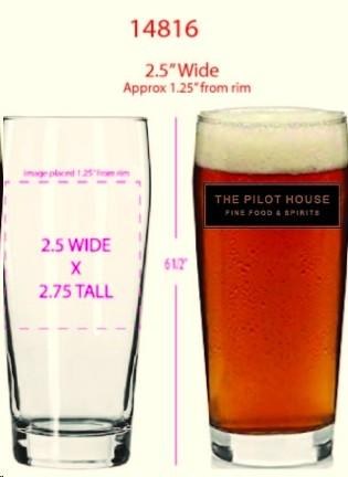 Libbey Pub Glass, 16 oz., SafedgeÂ® rim guarantee, heat treated, glass 14816HT with Classic Pilot House Logo