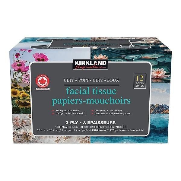 KS Ultra Soft Facial Tissues, 3-ply, 160ct, 12-pack (XXXXX)