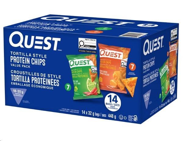Quest Tortilla Style Protein Chips, Nacho Cheese & Chili Lime Flavours, 14 Ã— 32 g (01614)