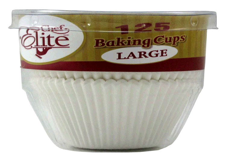 Chef Elite Baking Cups Retail Large (White) (96267) - 125/pkg - 36/ Case