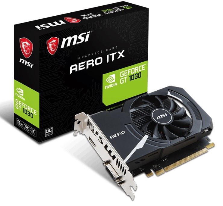 MSI GeForce GT 1030 AERO ITX 2GD4 OC (Boost: 1430MHz), 4GB GDDR4 (2100MHz), PCI-E 3.0, DVI-D, HDMI 2.0b, Small Form Factor