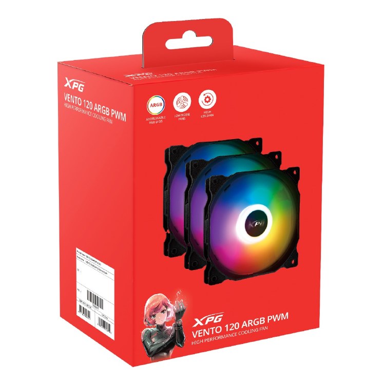 ADATA XPG VENTO R ARGB PWM Fan Pack - 3 Pack, 120mm, Reverse Flow, Black