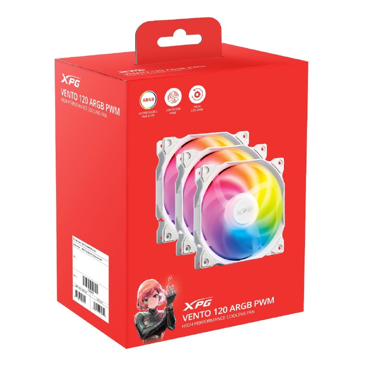 ADATA XPG VENTO R ARGB PWM Fan Pack - 3 Pack, 120mm, Reverse Flow, White