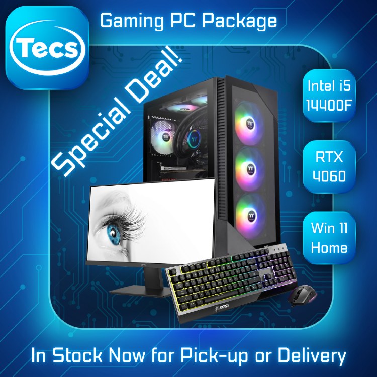 TECS GAMING PC PACKAGE - Intel i5 14400F, B760 Motherboard, 32GB DDR5, RTX 4060, 1TB NVMe, 750W PSU, Thermaltake Case, Windows 11, 24" 1920 x 1080 100Hz Monitor and KBM Included