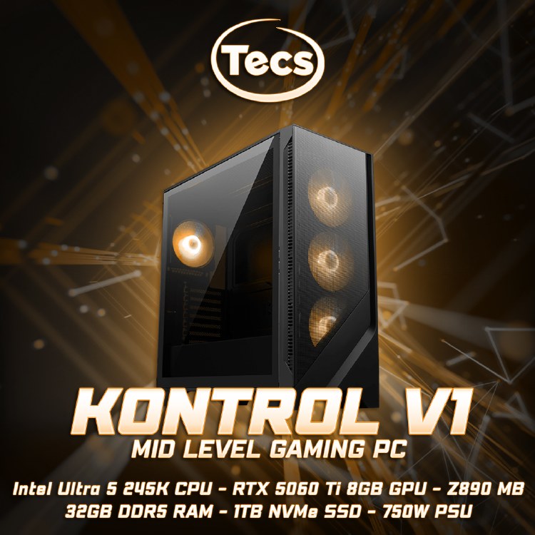 TECS KONTROL V1 GAMING PC - Intel Core Ultra 5 245k - RTX 5060 Ti 8GB - Z890 MB - 32GB DDR5 6000MHz RAM - 1TB NVMe Gen4 SSD - 750W Gold PSU - MSI Forge 321R Case - Windows 11 Home