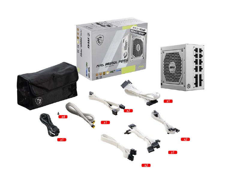 MSI MAG A1000GL PCIE5 WHITE - 1000W, 80 Plus Gold, Modular, ATX, White