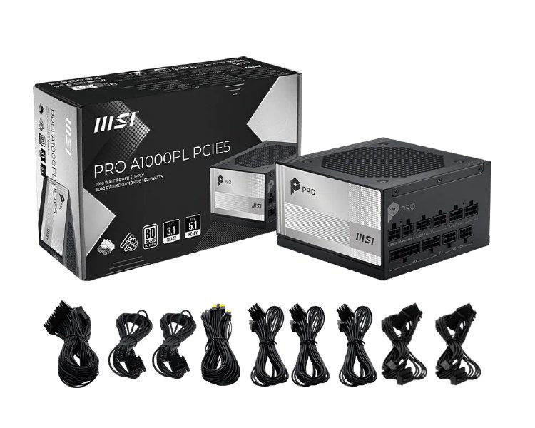 MSI PRO A1000PL PCIE5 Power Supply - 1000W, 80 Plus Platinum, Modular, ATX, Black