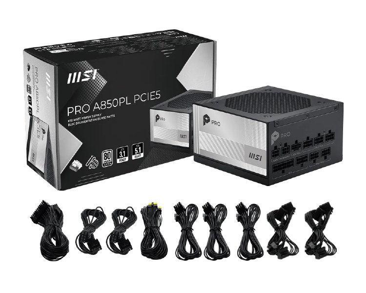 MSI PRO A850PL PCIE5 850W Power Supply - 850W, 80 Plus Platinum, Modular, ATX, Black