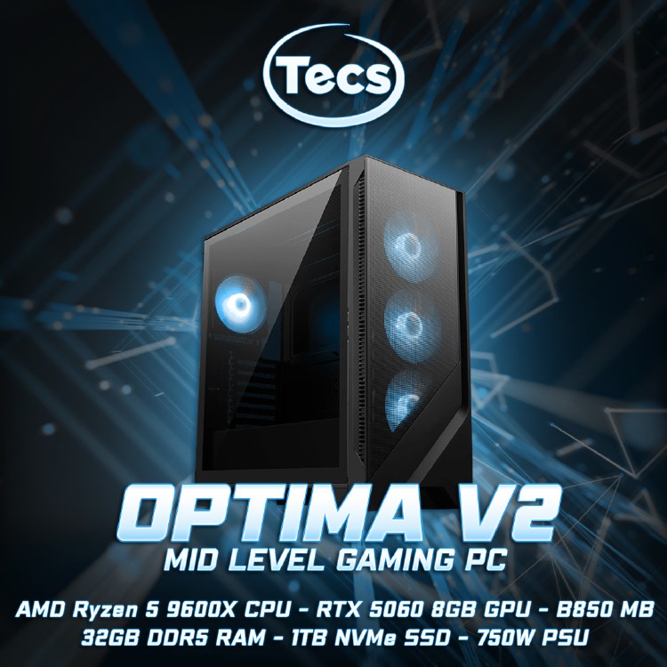 TECS OPTIMA V2 GAMING PC - AMD RYZEN 5 9600X - MSI B850 WIFI Motherboard - 32GB DDR5 5600MHz RAM - RTX 5060 8GB OC GPU - 1TB NVMe SSD - WIFI - RGB Tower Case - Windows 11 Home