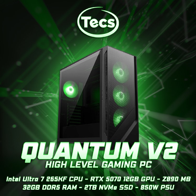 TECS QUANTUM V2 GAMING PC - Intel Core Ultra 7 265KF - RTX 5070 12GB - Z890 MB - 32GB DDR5 6000MHz RAM - 2TB NVMe Gen4 SSD - 850W Gold PSU - MSI Forge 321R Case - Windows 11 Home