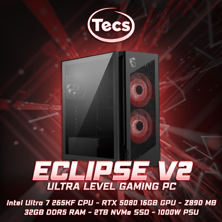 TECS ECLIPSE V2 GAMING PC - Intel Ultra 7 265KF - RTX 5080 16GB - Z890-P MB - 32GB DDR5 7200MHz RAM - 2TB NVMe Gen4 SSD - 1000W Gold PSU - MSI MPG VELOX 300R AIRFLOW PZ Case - Windows 11 Home