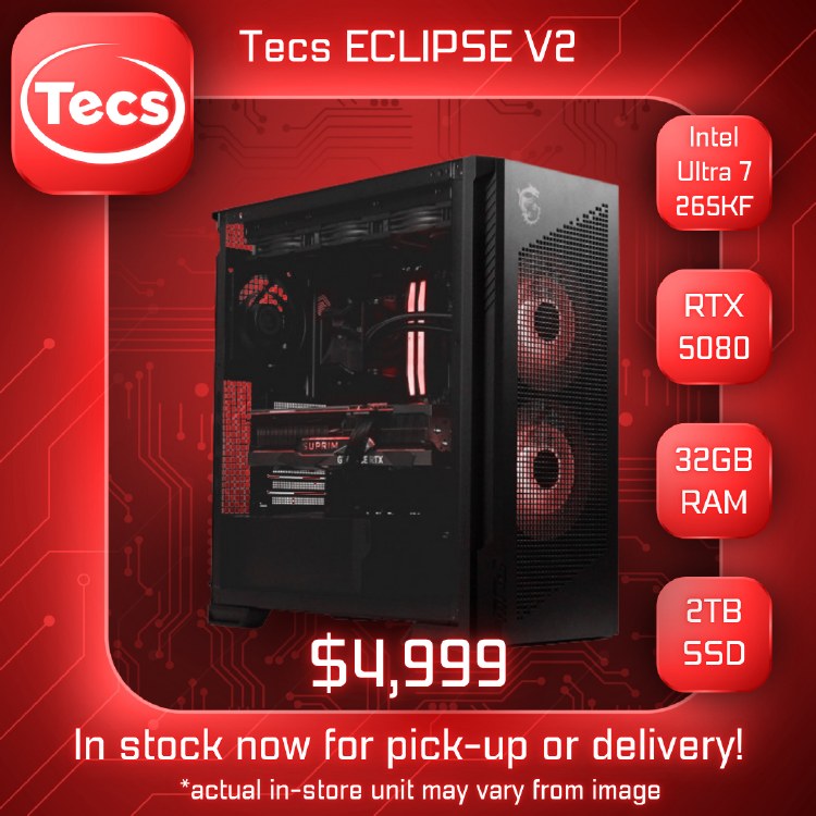 TECS ECLIPSE V2 GAMING PC - Intel Ultra 7 265KF - RTX 5080 16GB - Z890-P MB - 32GB DDR5 7200MHz RAM - 2TB NVMe Gen4 SSD - 1000W Gold PSU - MSI MPG VELOX 300R AIRFLOW PZ Case - Windows 11 Home