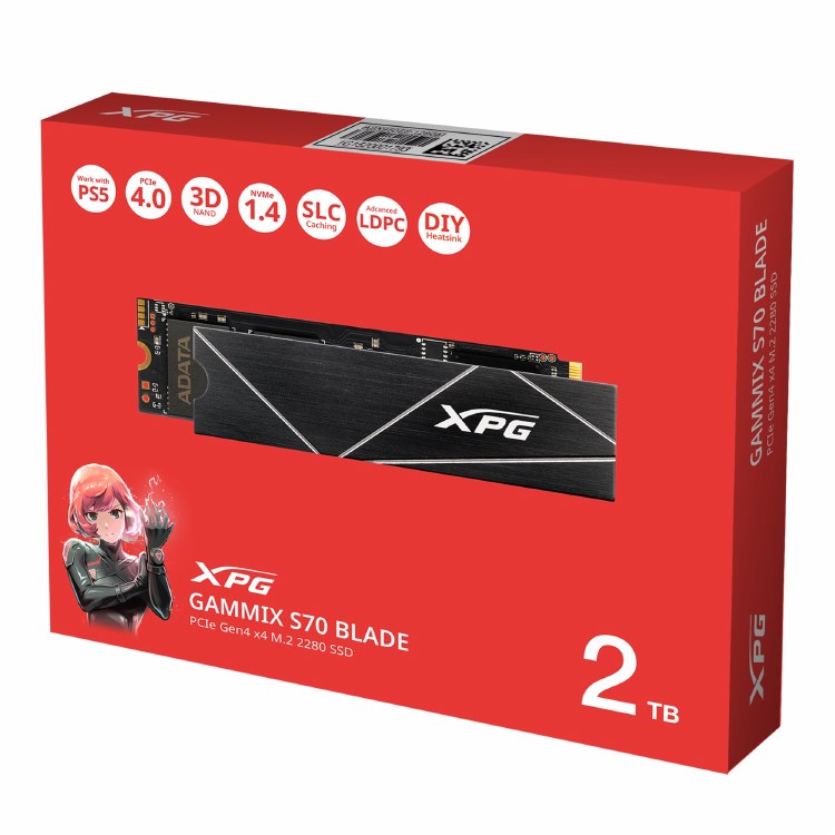 ADATA XPG GAMMIX S70 BLADE 2TB - PCIe Gen4 x4 M.2 2280 read/write speeds up to 7400/6800 - AGAMMIXS70B-2T-CS