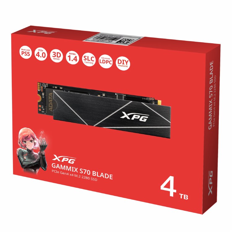 ADATA XPG GAMMIX S70 BLADE 4TB - PCIe Gen4 x4 M.2 2280 read/write speeds up to 7400/6800 - AGAMMIXS70B-4T-CS