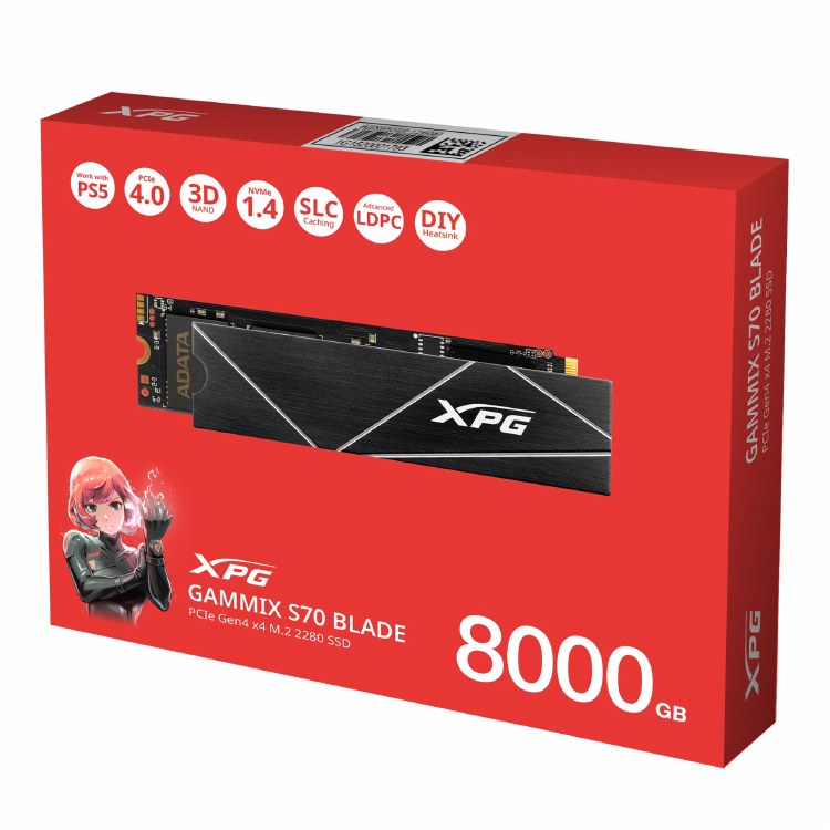 ADATA XPG GAMMIX S70 BLADE 8TB - PCIe Gen4 x4 M.2 2280 read/write speeds up to 7400/6800 - AGAMMIXS70B-8000G-CS