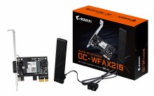 Gigabyte GC-WFAX210, Intel AX210 â€¢ Wi-Fi 6E (2.4/5/6 GHz) â€¢ 2400 Mbps â€¢ BT 5.2 â€¢ MU-MIMO TX/RX â€¢ 2Ã—2 antenna â€¢ PCIe x1