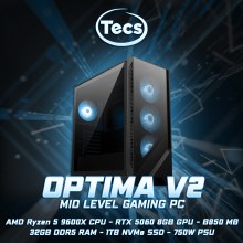 TECS OPTIMA V2 GAMING PC - AMD RYZEN 5 9600X - MSI B850 WIFI Motherboard - 32GB DDR5 5600MHz RAM - RTX 5060 8GB OC GPU - 1TB NVMe SSD - WIFI - RGB Tower Case - Windows 11 Home TECS OPTIMA V2 GAMING PC - AMD RYZEN 5 9600X - MSI B850 WIFI Motherboard - 32GB DDR5 5600MHz RAM - RTX 5060 8GB OC GPU - 1TB NVMe SSD - WIFI - RGB Tower Case - Windows 11 Home