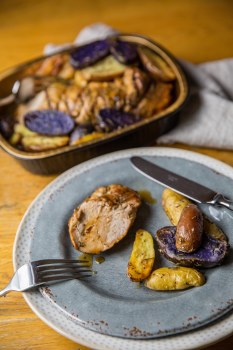 Grilled Pork Tenderloin with Roasted Fingerling Potatoes &amp; Truffled Demi Glace