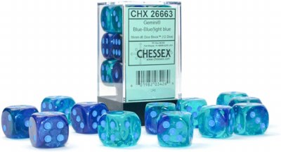Chessex Gemini 16mm D6 Blue-Blue/light blue Dice Block (12)