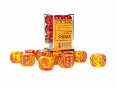 Chessex Gemini 16mm D6 Translucent Red-Yellow/gold Dice Block (12)