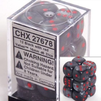 Chessex Velvet 16mm D6 Dice Block (12) Black/red