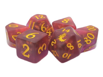 Old School Infused Frosted Firefly Dice Set Crimson w/ Yellow (7)