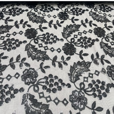 Suequin Lace Leaves Black