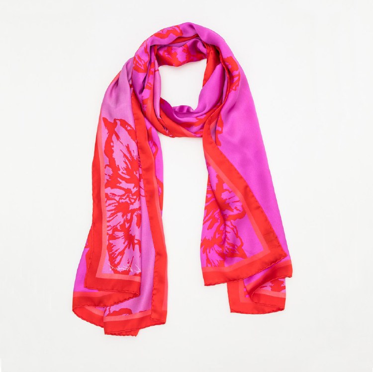 Long Silk Scarf Magenta Flowers