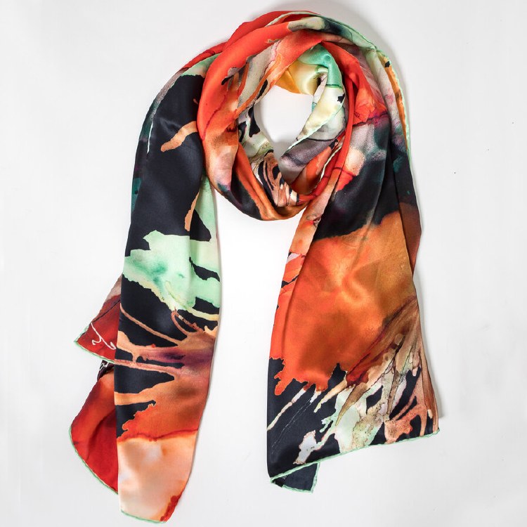 Long Silk Scarf Red Poppies