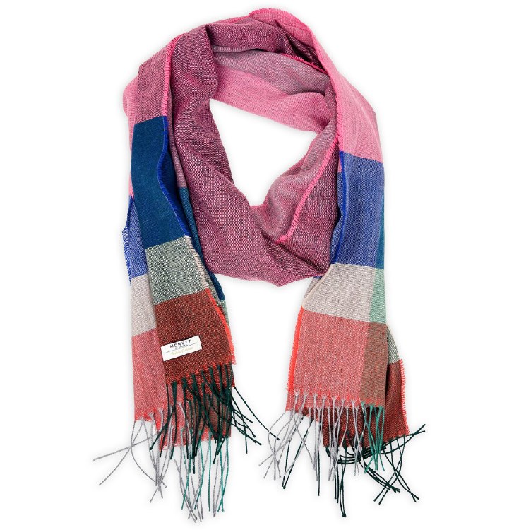 Merino-Cashmere Scarf 'Giulia' Pink and Blue Check