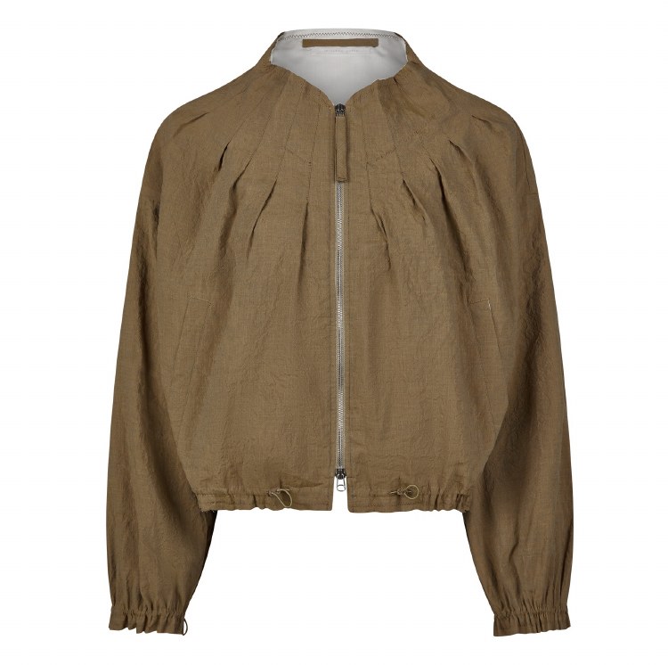 Khaki Linen-Cotton Pleated Bomber Jacket