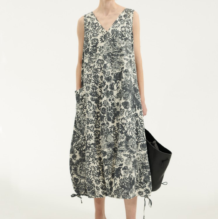 Printed Cotton V-Neck Dress with Adjustable Hem