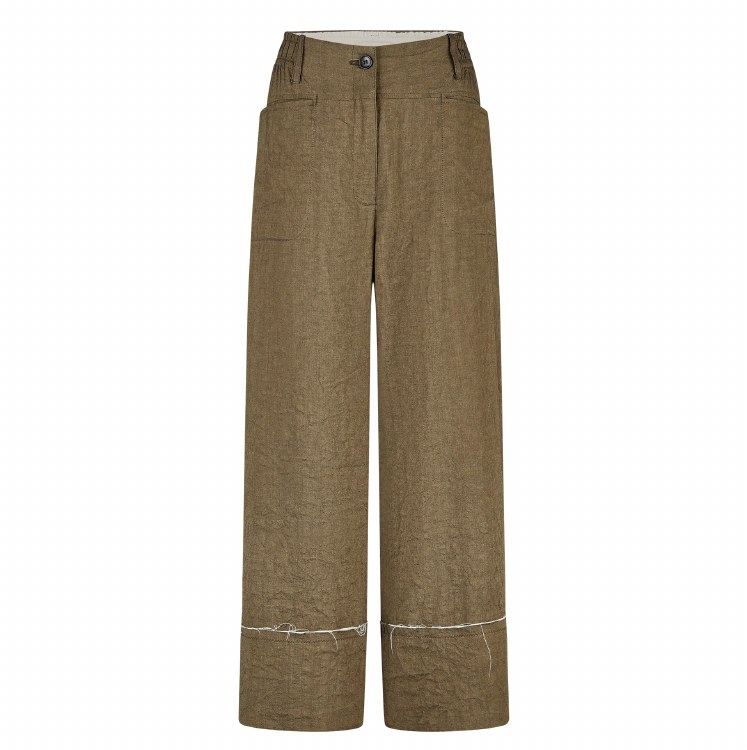 Khaki Linen-Cotton Wide Leg Trousers
