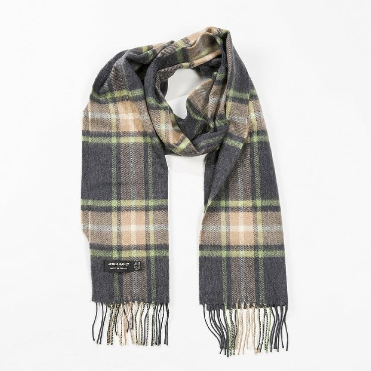 Merino Wool Scarf Grey, Camel and Green Check