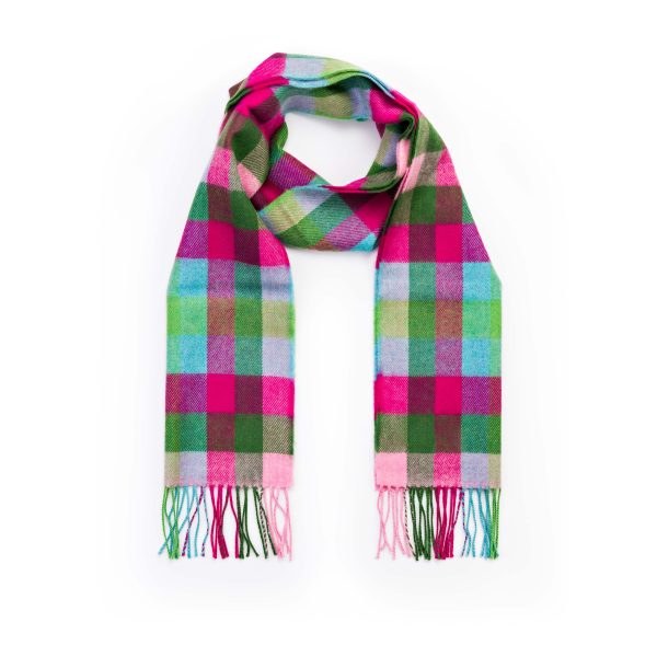 Merino Wool Scarf Raspberry Pink, Blue and Green Block Check