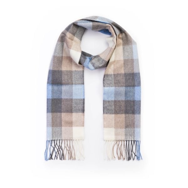 Merino Wool Scarf Beige, Stone and Blue Block Check