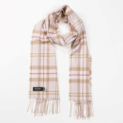 Merino Wool Scarf Baby Pink, White and Camel Check