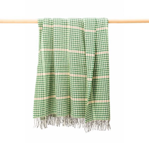 Merino-Cashmere Throw Green and Cream Herringbone Check