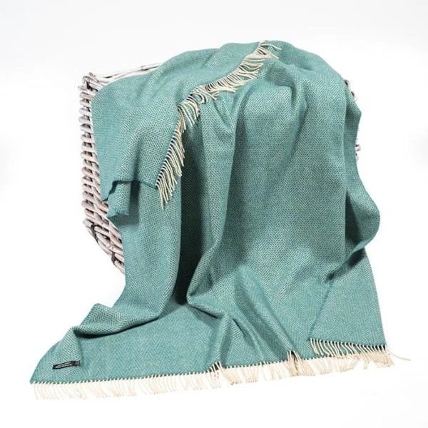 Merino-Cashmere Throw Aqua Green Herringbone