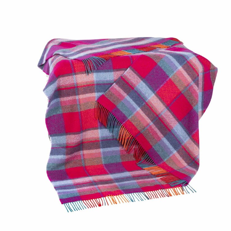 Merino-Cashmere Throw Cerise Pink, Blue and Purple Check