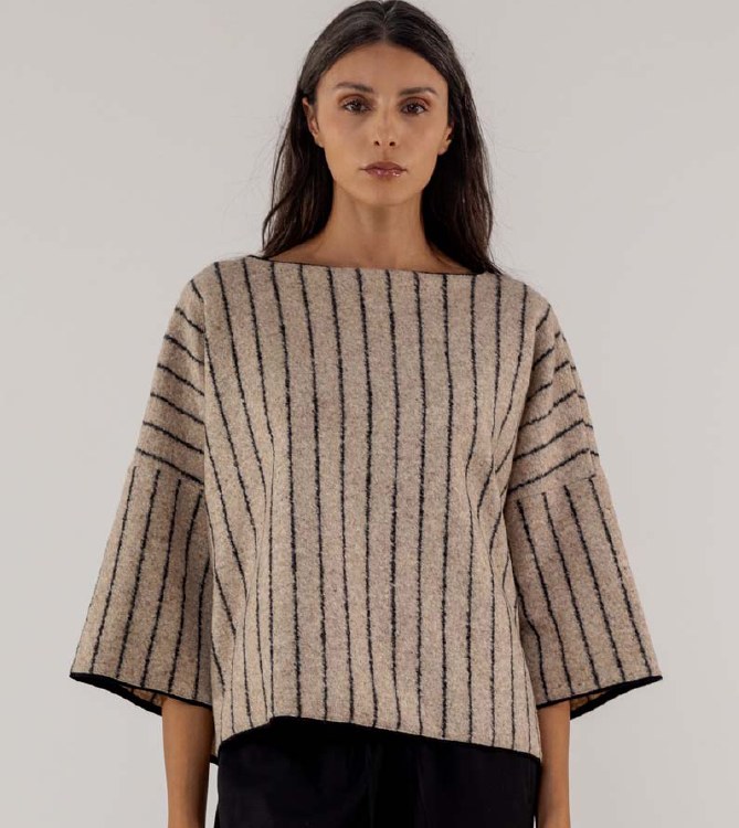 Beige and Black Striped Wool-Silk Top